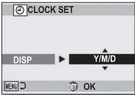 CLOCK SET DISP Y/M/D MENU SET OK