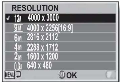 RESOLUTION ✓ 12M 4000 x 3000 9M 4000 x 2256[16:9] 6M 2816 x 2112 4M 2288 x 1712 2M 1600 x 1200 0.3M 640 x 480 MENU SET OK