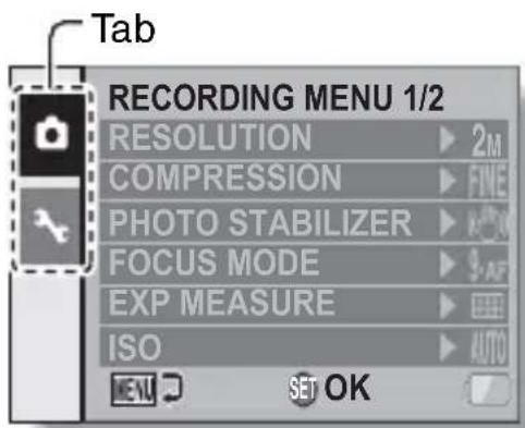 Tab RECORDING MENU 1/2 RESOLUTION ▶ 2M COMPRESSION ▶ FINE PHOTO STABILIZER ▶ 3-AF FOCUS MODE ▶ EXP MEASURE ▶ ISO ▶ AUTO SET OK