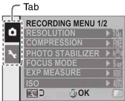 Tab RECORDING MENU 1/2 RESOLUTION ▶ 10Ω COMPRESSION ▶ FINE PHOTO STABILIZER ▶ K-AF FOCUS MODE ▶ 3-AF EXP MEASURE ▶ ISO ▶ AUTO SET OK