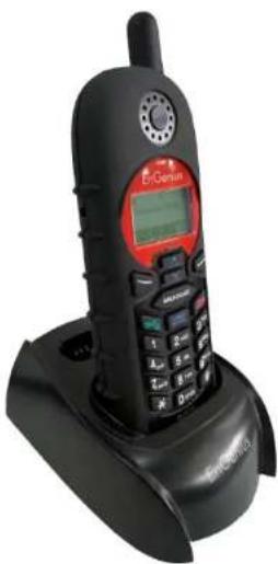 Black and red portable phone with a digital display and keypad (no visible text or symbols)