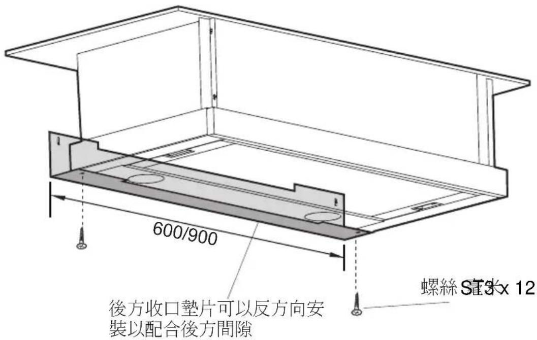 600/900 後方收口墊片可以反方向安 裝以配合後方間隙 螺絲 3x12