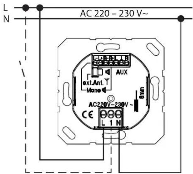 L N AC 220 - 230 V~ ext.Ant. Mono AUX AC220V-230V~ CE L 1 N 6mm