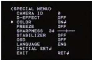 CAMERA ID 0 D-EFFECT OFF COLOR ONJ FREEZE OFF SHARPNESS 34 ------------------ STABILIZER OFF OSD OFF LANGUAGE ENG INITIAL SETJ EXIT RETJ