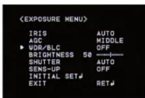IRIS AUTO AGC MIDDLE VDR/BLC OFF BRIGHTNESS 50 ...... SHUTTER AUTO SENS-UP OFF INITIAL SET↓ EXIT RET↓