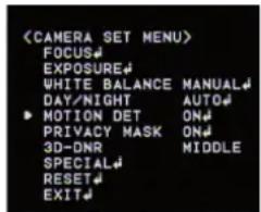 FOCUS EXPOSURE WHITE BALANCE MANUAL DAY/NIGHT AUTO MOTION DET ON PRIVACY MASK ON 3D-DNR MIDDLE SPECIAL RESET EXIT