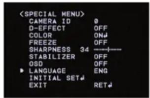 CAMERA ID 0 D-EFFECT OFF COLOR ON FREEZE OFF SHARPNESS 34 ------------------ STABILIZER OFF OSD OFF LANGUAGE ENG INITIAL SET EXIT RET