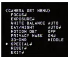 FOCUS EXPOSURE WHITE BALANCE AUTO DAY/NIGHT AUTO MOTION DET OFF PRIVACY MASK ON 3D-DNR MIDDLE SPECIAL RESET EXIT
