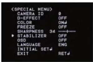 CAMERA ID 0 O-EFFECT OFF COLOR ON FREEZE OFF SHARPNESS 34 STABILIZER OFF OSD OFF LANGUAGE ENG INITIAL SET EXIT RET
