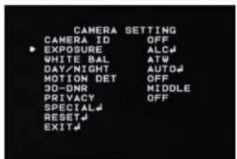 CAMERA SETTING CAMERA ID OFF • EXPOSURE ALC# WHITE BAL ATW DAY/NIGHT AUTO# MOTION DET OFF 3D-DNR MIDDLE PRIVACY OFF SPECIAL# RESET# EXIT#