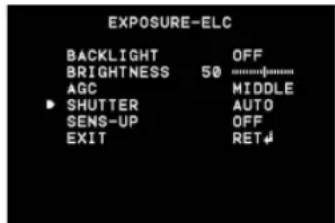 EXPOSURE-ELC BACKLIGHT OFF BRIGHTNESS 50 AGC MIDDLE SHUTTER AUTO SENS-UP OFF EXIT RET↓