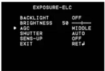 EXPOSURE-ELC BACKLIGHT OFF BRIGHTNESS 50 AGC MIDDLE SHUTTER AUTO SENS-UP OFF EXIT RET↓