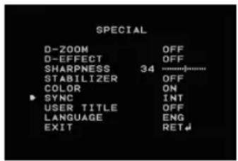 SPECIAL D-ZOOM OFF D-EFFECT OFF SHARPNESS 34 STABILIZER OFF COLOR ON SYNC INT USER TITLE OFF LANGUAGE ENG EXIT RET↓