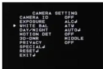 CAMERA SETTING CAMERA ID OFF EXPOSURE ALC# WHITE BAL ATU DAY/NIGHT AUTO# MOTION DET OFF 3D-DNR MIDDLE PRIVACY OFF SPECIAL# RESET# EXIT#