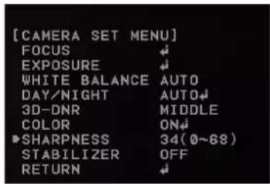 [CAMERA SET MENU] FOCUS EXPOSURE WHITE BALANCE AUTO DAY/NIGHT AUTO 3D-DNR MIDDLE COLOR ON SHARPNESS 34(0~68) STABILIZER OFF RETURN