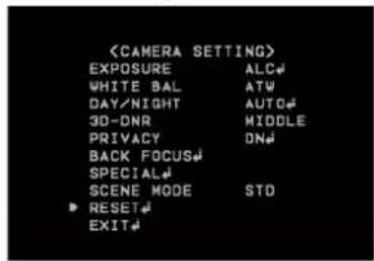 EXPOSURE ALC# WHITE BAL ATW DAY/NIGHT AUTO# 3D-DNR MIDDLE PRIVACY ON# BACK FOCUS# SPECIAL# SCENE MODE STO RESET# EXIT#