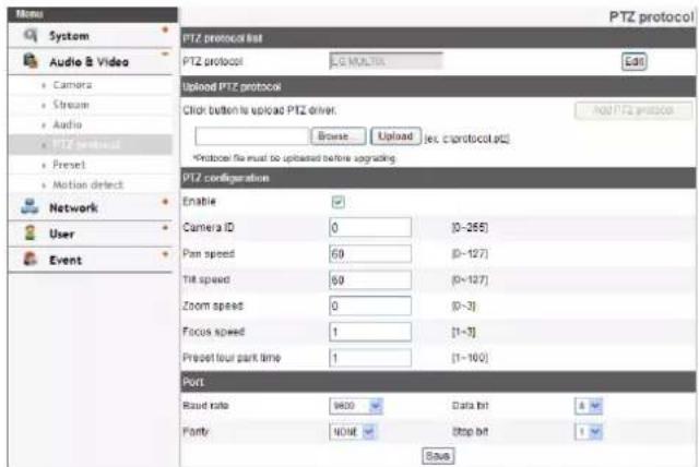 Menu System Audio & Video Camera Stream Audio PTZ protocol Preset Motion detect Network User Event PTZ protocol list PTZ protocol 5G MULTIA EAT Upload PTZ protocol Click button to upload PTZ driver: Browse... Upload Jex. c:protocol.p5 *Protocol file must be uploaded before upgrading PTZ configuration Enable Camera ID 0 [0~265] Pan speed 60 [0~127] Tilt speed 60 [0~127] Zoom speed 0 [0~3] Focus speed 1 [1~3] Preset four park time 1 [1~100] Port Read rate 9800 Data bit 8 Fonty HOME Stop bit 1 Save