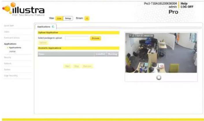 Illustra From Tapa Security Products View Live Setup Stream 4 Applications Options Application Select packages to optext: Browse Available Applications None Unloaded Running Help Log OFF Pro3-T10A18S200C00004 admin Pro