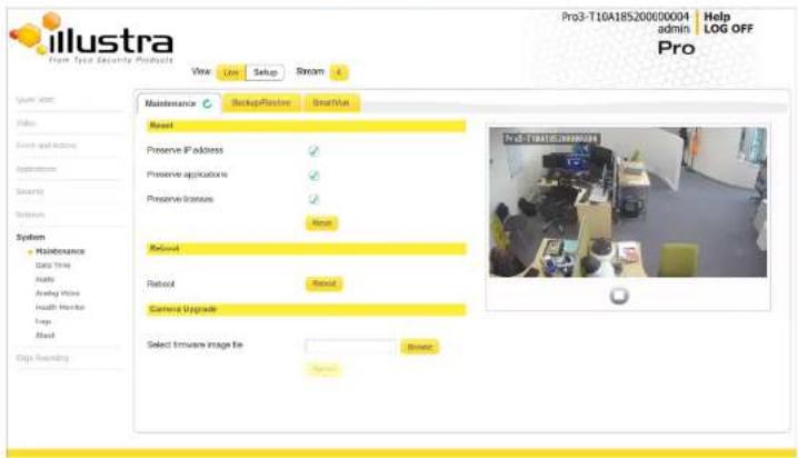 illustra Pro3-T10A185200600004 admin LOG OFF Pro View Lam Setup Stream System view: Title Event and Actions Systems Security Systems System Maintenance Data Time Auto Analog Drive Health Monitor Trap Next Tips Reanding View Backup/Fixtes SmartWin Reset Preserve IP address ✓ Preserve applications ✓ Preserve licenses ✓ Reset Adjust Reset Camera Upgrade Select remote image file Browse Remove