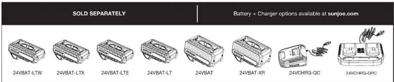 SOLD SEPARATELY Battery + Charger options available at sunjoe.com 24VBAT-LTW 24VBAT-LTX 24VBAT-LTE 24VBAT-LT 24VBAT 24VBAT-XR 24VCHRG-QC 24VCHRG-DPC