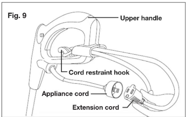 Fig. 9 Upper handle Cord restraint hook Appliance cord Extension cord
