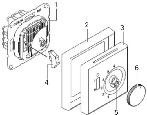 Exploded view diagram of an electrical switchgear with numbered parts and labeled components