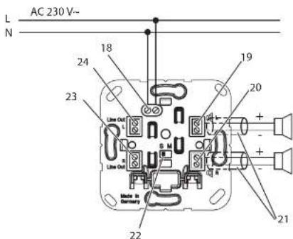 AC 230 V~ L N 18 24 19 20 23 Line Out Line Out S M + - + - 22 21
