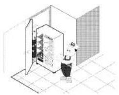 Isometric line drawing of a person standing inside a room with shelves and a door, no text or symbols present