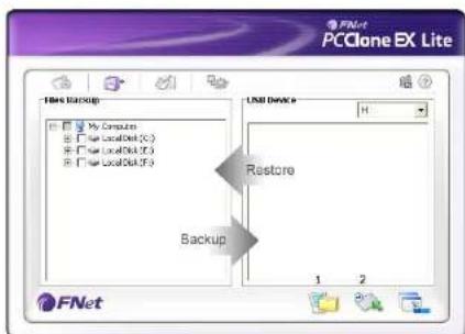 FNet PCClone EX Lite File Backup My Computer F Net Located (C:) F Net Located (D:) F Net Located (E:) USB Devices H Restore Backup 1 2 FNet