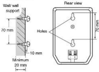 Wall wall support 70 mm 10 mm Minimum 20 mm Rear view Holes 70 mm
