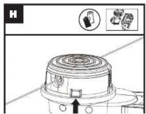 Diagram showing a mechanical component with labeled parts and directional arrows, including a hand icon and icons.