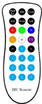 Black Dot Adder Sound Auto Odds Fade R U B A W UV + - 1 2 3 4 5 6 7 8 9 IRC Remote