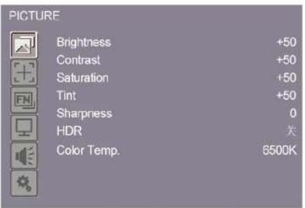 PICTURE Brightness +50 Contrast +50 Saturation +50 Tint +50 Sharpness 0 HDR 关 Color Temp. 6500K