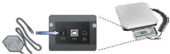 Diagram showing connection between a device with cable and power supply, connected to a digital scale.