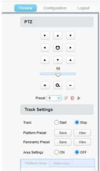 Preview Configuration Logout PTZ 50 + - Preset 0 Track Settings Track Start Stop Platform Preset Save View Panoramic Preset Save View Area Settings ON OFF Platform Area Mask Area