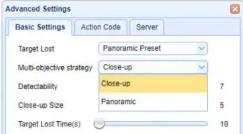 Advanced Settings Basic Settings Action Code Server Target Lost Panoramic Preset Multi-objective strategy Close-up Detectability Close-up 7 Close-up Size Panoramic 5 Target Lost Time(s) 10