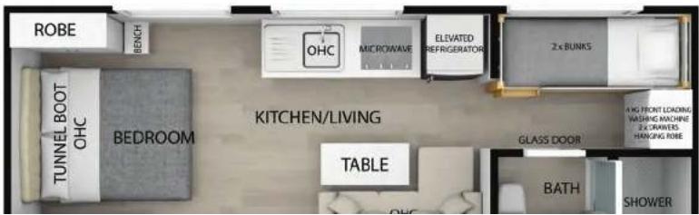 ROBE BENCH OHC MICROWAVE ELEVATED REFRIGERATOR 2 x BUNKS TUNNEL BOOT OHC BEDROOM KITCHEN/LIVING TABLE GLASS DOOR 1 NO FRONT LOADING WASHING MACHINE 2 X CRAWERS HANGING ROME BATH SHOWER