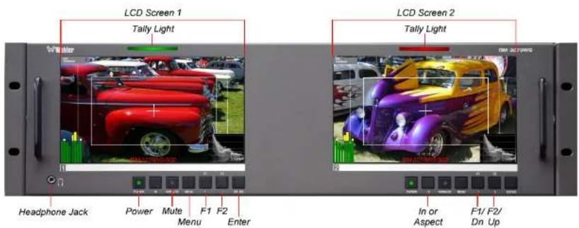 LCD Screen 1 Tally Light LCD Screen 2 Tally Light Headphone Jack Power Mute F1 F2 Menu Enter In or Aspect F1/ F2/ Dn Up