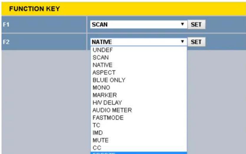 FUNCTION KEY F1 SCAN SET F2 NATIVE SET UNDEF SCAN NATIVE ASPECT BLUE ONLY MONO MARKER H/V DELAY AUDIO METER FASTMODE TC IMD MUTE CC