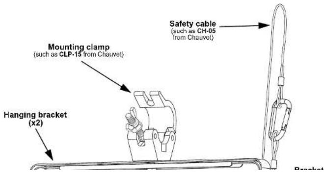 Mounting clamp (such as CLP-15 from Chauvet), Hanging bracket (x2), Safety cable (such as CH-05 from Chauvet), Bracket