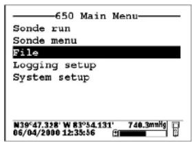 650 Main Menu Sonde run Sonde menu File Logging setup System setup W39°47.328' W 83°54.131' 740.3mmHg 06/04/2006 12:35:56
