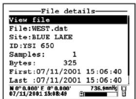 File details View file File:WEST.dat Site:BLUE LAKE ID:YSI 650 Samples: 1 Bytes: 325 First:07/11/2001 15:06:40 Last :07/11/2001 15:06:40 N°0.000' E 0°0.000' 07/11/2001 15:08:49 736.9mm
