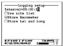 Logging setup Interval=00:00:10 Use site list Store Barometer Store Lat and Long N 0° 8.000' E 0° 0.000' 739.6mmHg 07/12/2001 05:41:17