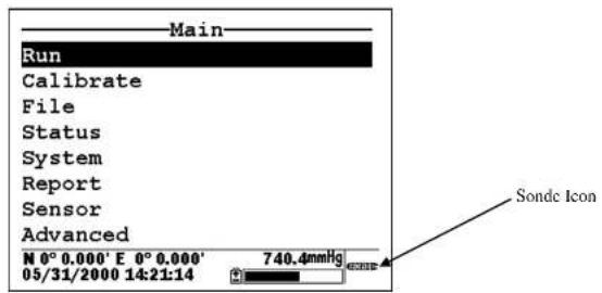 Main Run Calibrate File Status System Report Sensor Advanced N 0° 0.000' E 0° 0.000' 05/31/2000 14:21:14 740.4mmHg Sonde Icon