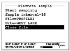 Discrete sample Start sampling Sample interval=16 File=PROFILE1 Site=WEST LAKE Close file N 0° 8.000' E 0° 8.000' 00/01/2000 1:29:19 740.4mm