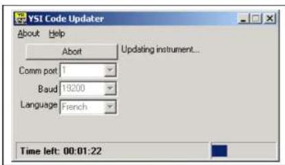 YSI Code Updater About Help Abort Updating instrument... Comm port 1 Baud 19200 Language French Time left: 00:01:22