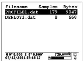 Filename Samples Bytes PROFILE1.dat 179 9047 DEPLOY1.dat 8 668 N 0° 0.000' E 8° 0.000' 739.0mmHg 07/12/2001 07:16:17