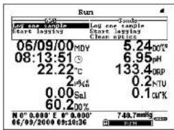 Run 5/6" Log one sample Start lagglay Log two sample Start lagglay Clean optics 06/09/00 MDY 08:13:51 22.22℃ 2 μ%e 0.00 Sal 60.20% N 0" 0.000" E 8" 0.000" 06/09/2009 06:10:36 5.24 6.95 133.4 0.2 0.1 740.7mmHg COOH