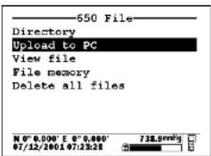650 File Directory Upload to PC View file File memory Delete all files N 0" 0.000' E 0" 0.800' 07/12/2001 07:12:28 733.9mm²/s