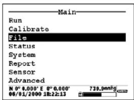 Main Run Calibrate File Status System Report Sensor Advanced N° 0.000' E 0°0.000' 06/01/2000 18:22:13 739.0mmHg
